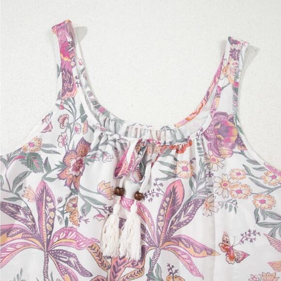 *NEW* Pink, Cream & Green Floral Sleeveless Boho Sleeveless Dress | Size M - Picture 4 of 6